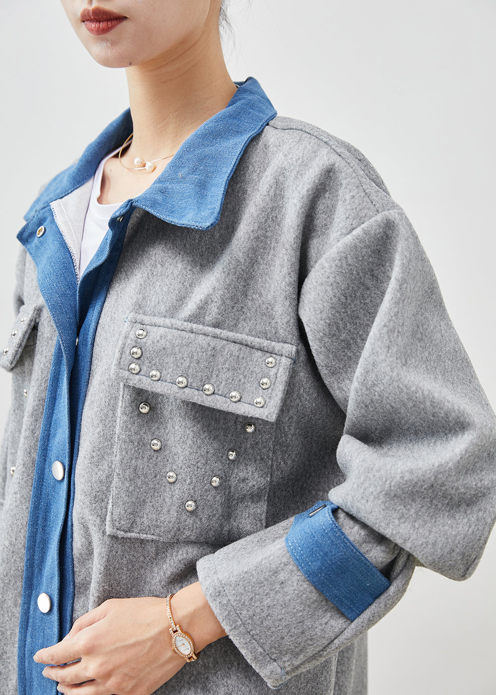Art Grey Oversized Patchwork Rivet Woolen Jacket Spring