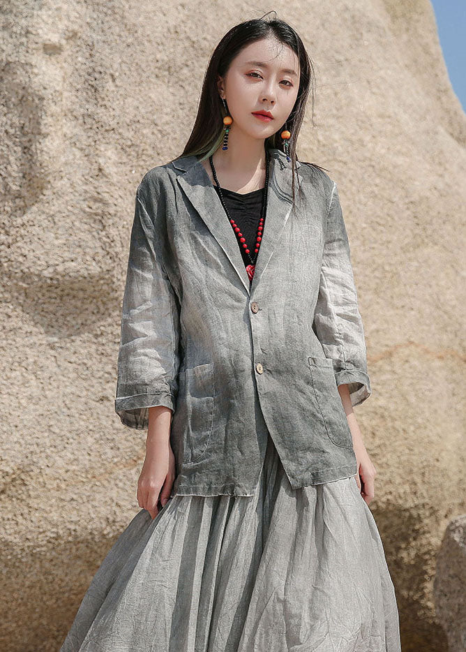 Art Grey Peter Pan Collar Button Linen Spring Coat