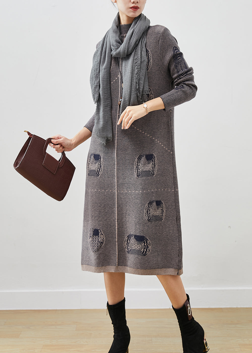 Art Grey Stand Collar Print Knit Sweater Dress Spring