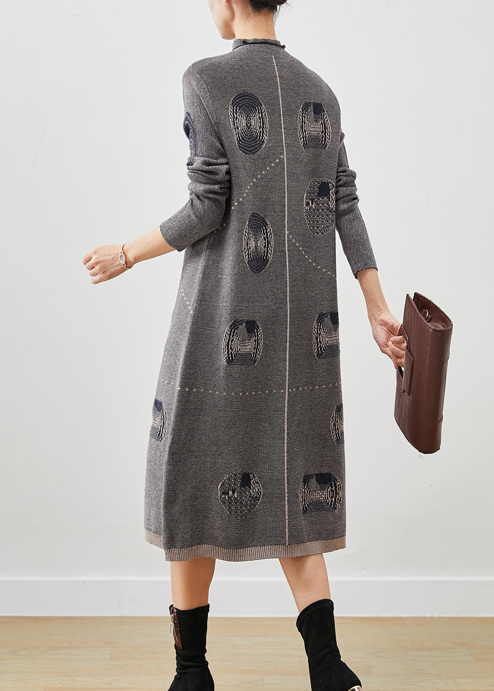 Art Grey Stand Collar Print Knit Sweater Dress Spring
