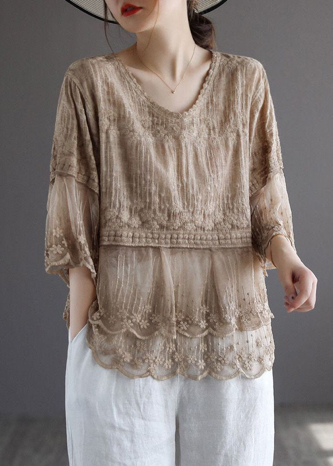 Art Khaki Embroidered Lace Patchwork Linen Blouses Half Sleeve