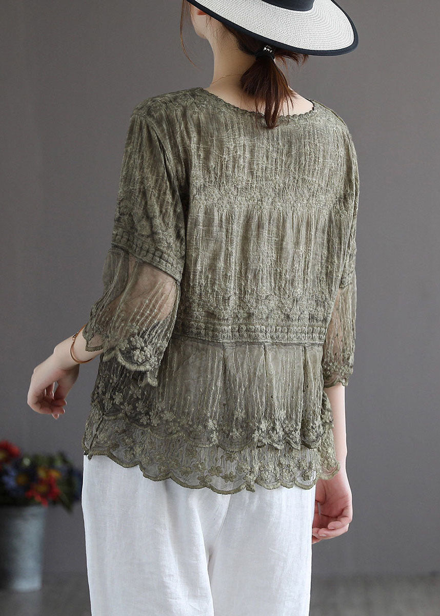 Art Khaki Embroidered Lace Patchwork Linen Blouses Half Sleeve