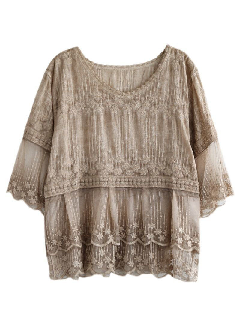 Art Khaki Embroidered Lace Patchwork Linen Blouses Half Sleeve