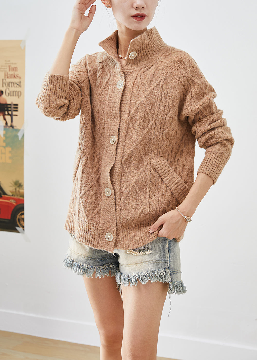 Art Khaki High Neck Button Down Warm Cable Knit Cardigan Fall