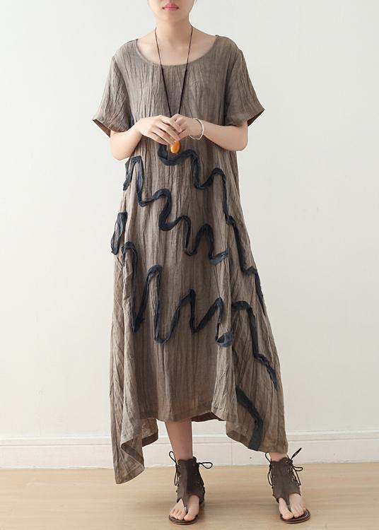 Art Khaki O-Neck Linen Summer Maxi Dresses - Omychic