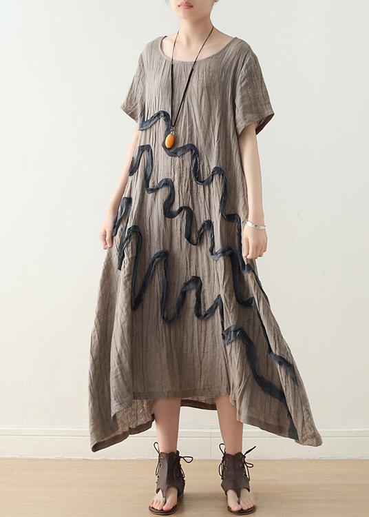 Art Khaki O-Neck Linen Summer Maxi Dresses - Omychic