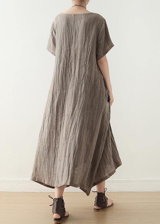 Art Khaki O-Neck Linen Summer Maxi Dresses - Omychic