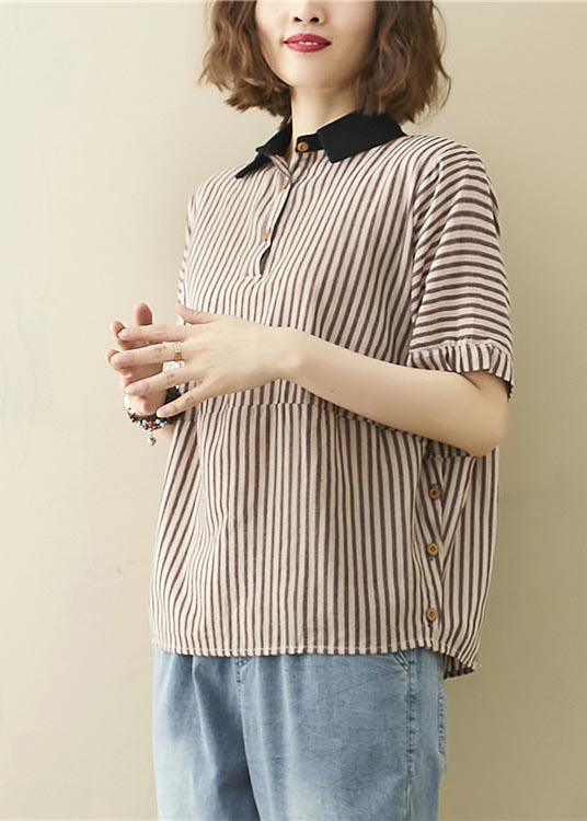 Art Khaki Striped Patchwork Linen Summer Top - Omychic