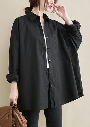 Art Lapel Pockets Spring Tunic Top Shirts Black Top - Omychic