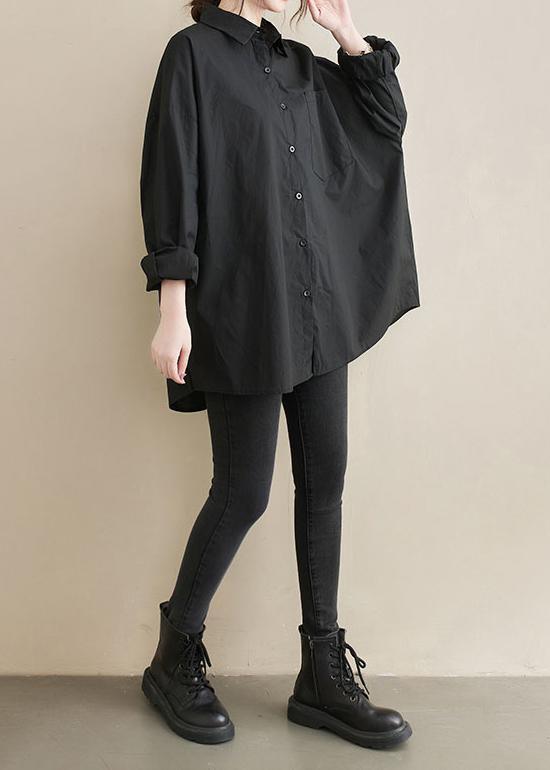 Art Lapel Pockets Spring Tunic Top Shirts Black Top - Omychic