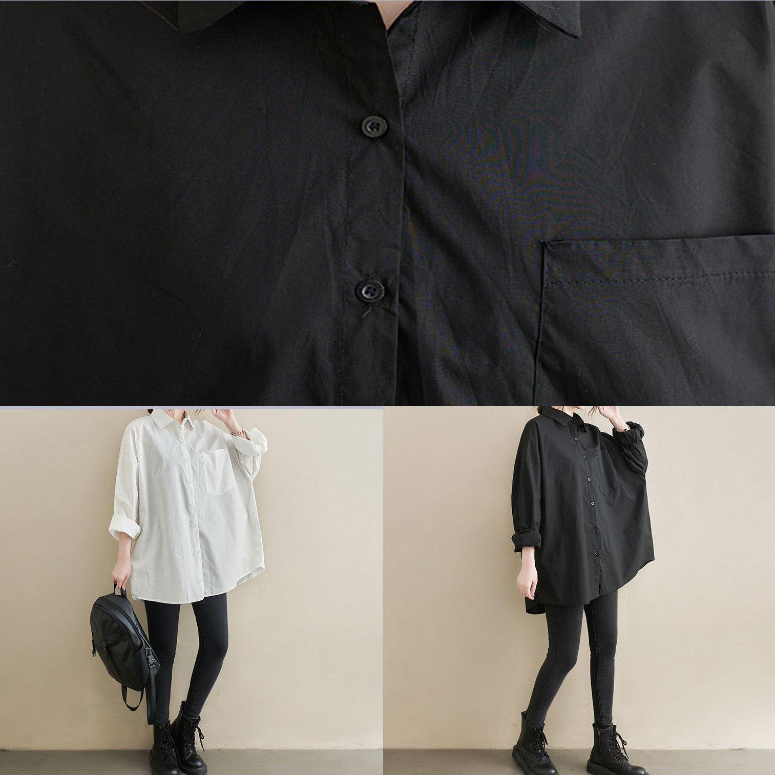 Art Lapel Pockets Spring Tunic Top Shirts Black Top - Omychic