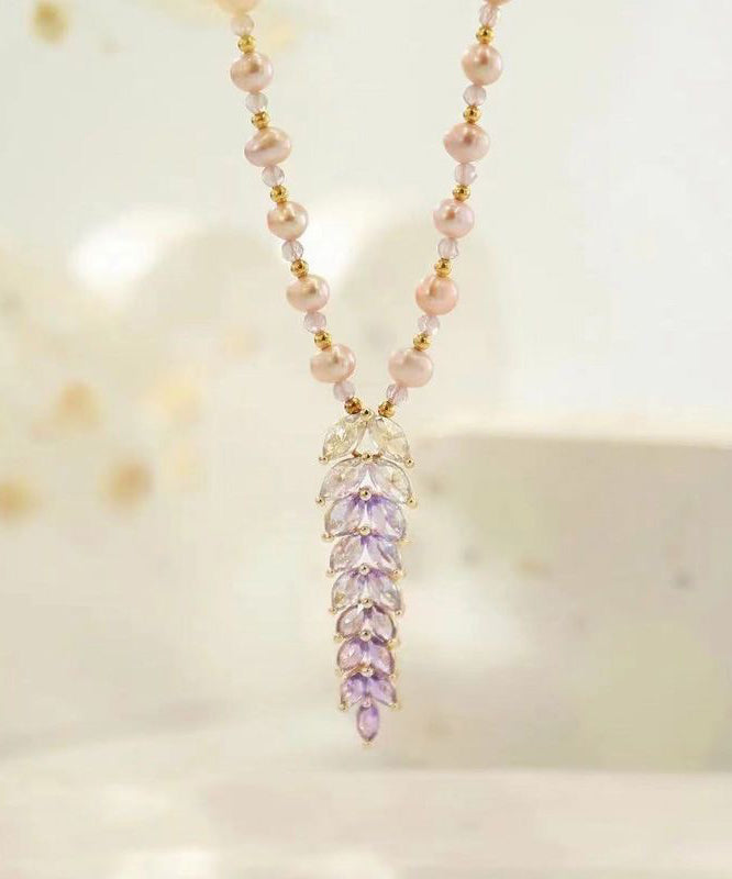 Art Lavender lloy Pearl Ear Of Wheat Tassel Pendant Necklace