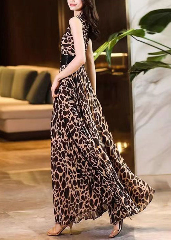 Art Leopard Print V Neck Sashes Chiffon Long Dresses Summer