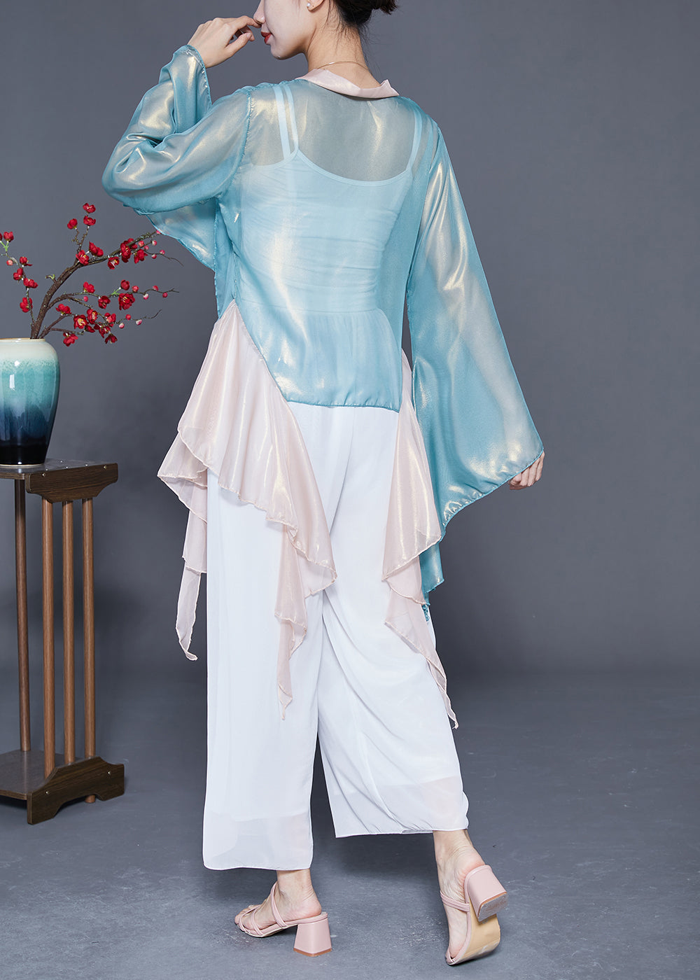 Art Light Blue Asymmetrical Patchwork Silk Top Flare Sleeve