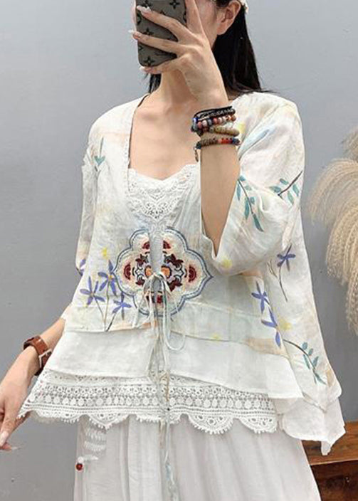 Art Light Blue Embroidered Patchwork Linen Shirt Top Short Sleeve