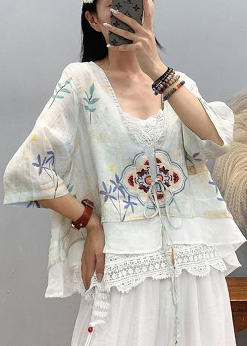 Art Light Blue Embroidered Patchwork Linen Shirt Top Short Sleeve