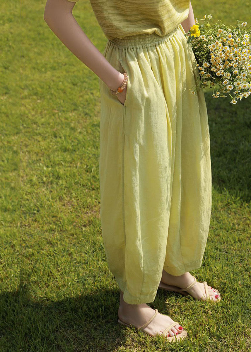 Art Light Green Elastic Waist Oversized Pockets Linen Harem Pants Summer