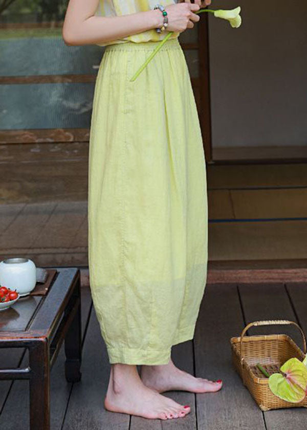 Art Light Green Elastic Waist Oversized Pockets Linen Harem Pants Summer