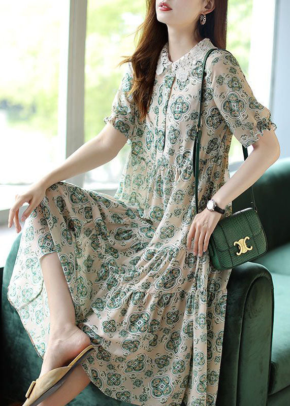 Art Light Green Peter Pan Collar Patchwork Print Chiffon Dress Summer