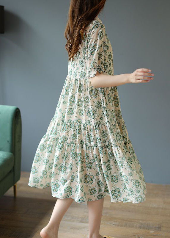 Art Light Green Peter Pan Collar Patchwork Print Chiffon Dress Summer