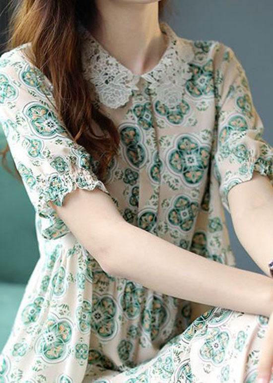 Art Light Green Peter Pan Collar Patchwork Print Chiffon Dress Summer