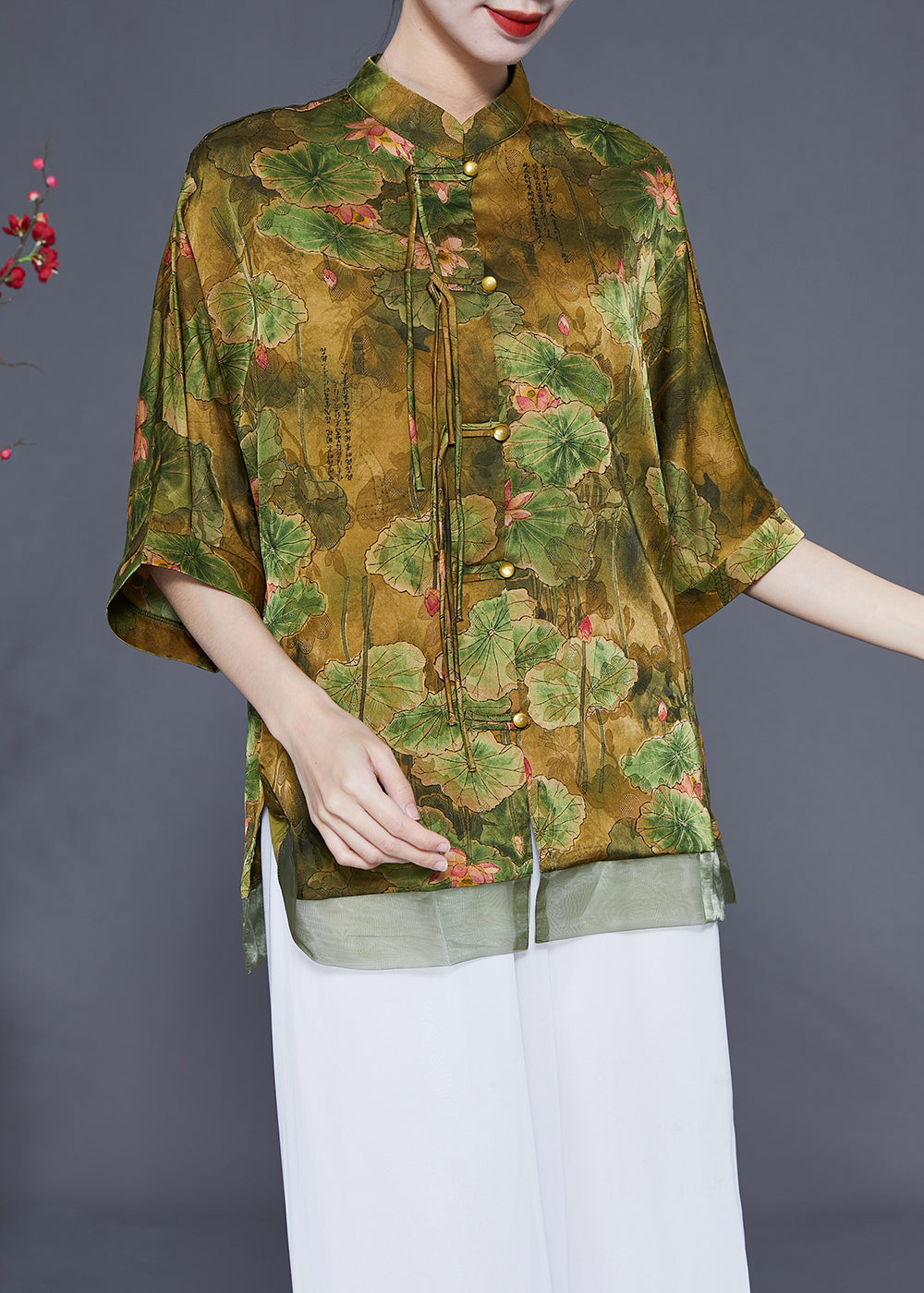 Art Light Green Stand Collar Patchwork Print Tassel Silk Top Half Sleeve