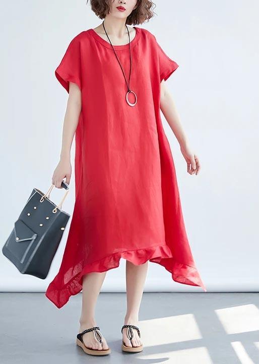 Art Linen Dresses Boutique Round Neck Ruffles Red Dress - Omychic