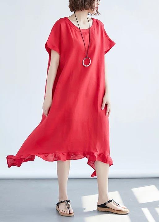 Art Linen Dresses Boutique Round Neck Ruffles Red Dress - Omychic