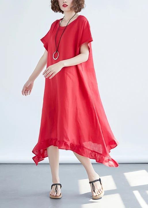 Art Linen Dresses Boutique Round Neck Ruffles Red Dress - Omychic