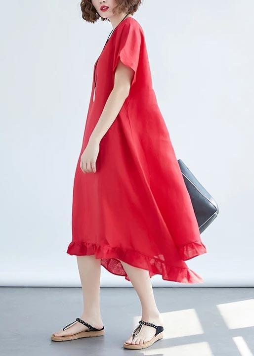 Art Linen Dresses Boutique Round Neck Ruffles Red Dress - Omychic