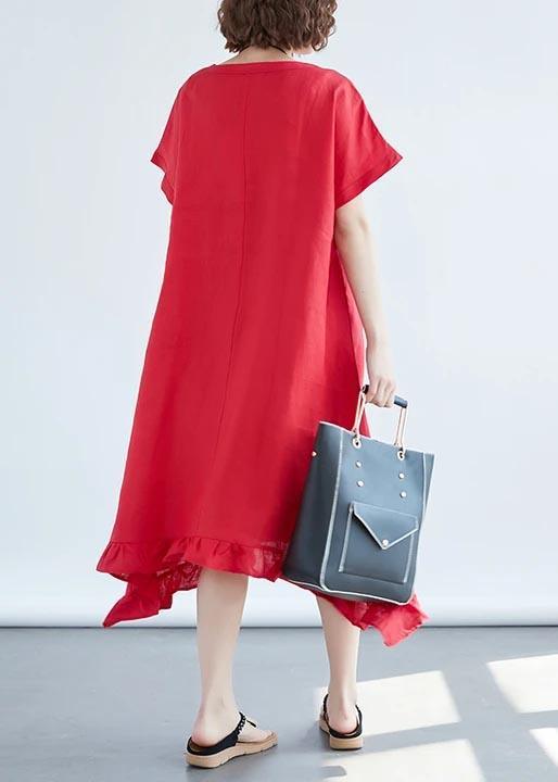 Art Linen Dresses Boutique Round Neck Ruffles Red Dress - Omychic