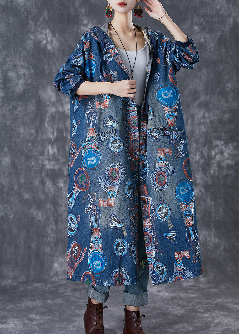 Art Navy Hooded Oversized Print Cotton Trench Coats Fall