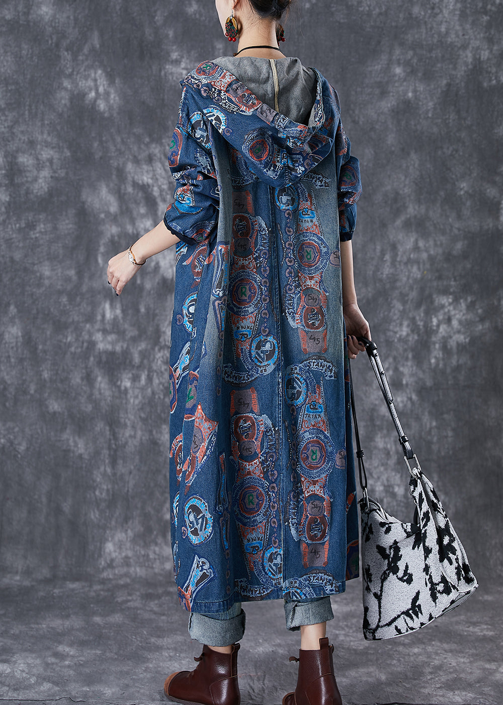 Art Navy Hooded Oversized Print Cotton Trench Coats Fall