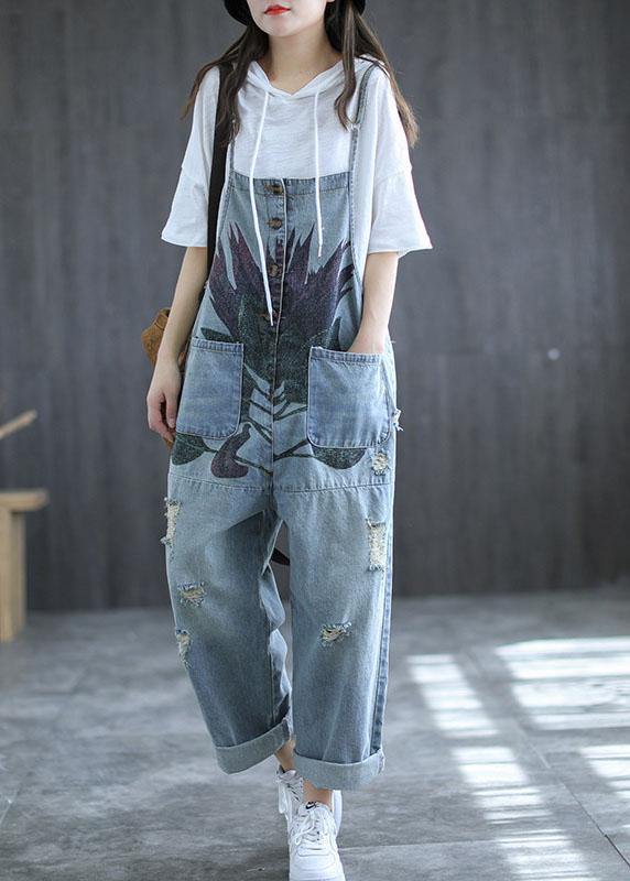 Art Navy Print Retro Hole Pockets Overall Jumpsuit