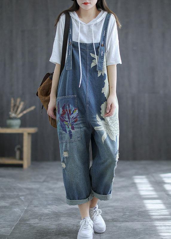 Art Navy Print Retro Hole Pockets Overall Jumpsuit