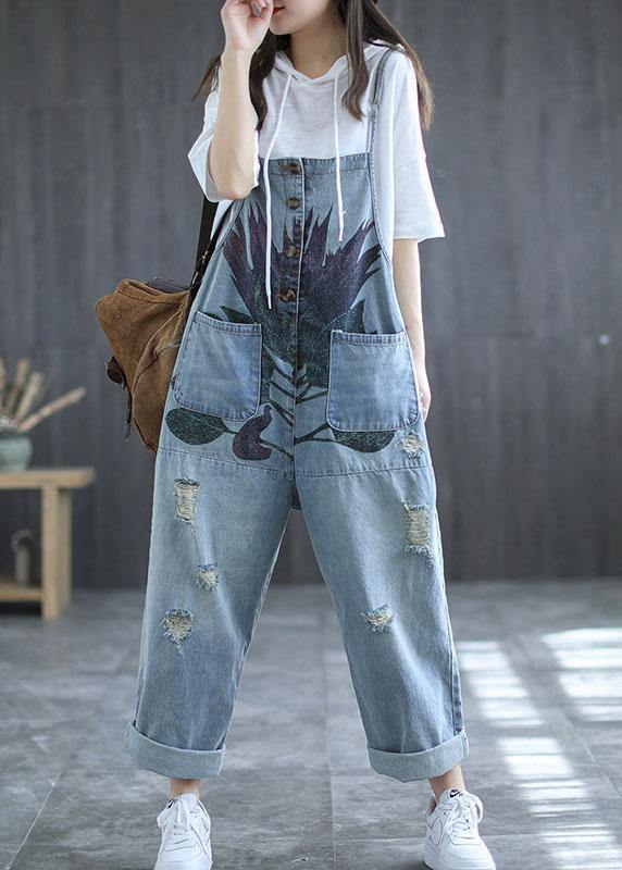 Art Navy Print Retro Hole Pockets Overall Jumpsuit