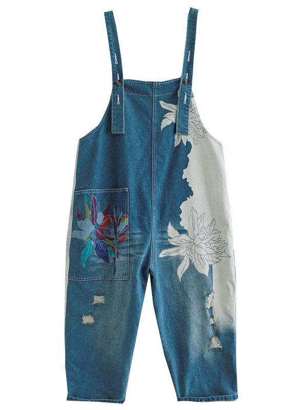 Art Navy Print Retro Hole Pockets Overall Jumpsuit