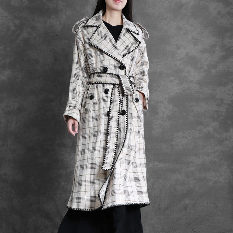 Art Notched back side open top quality trench coat white plaid Art outwears - Omychic