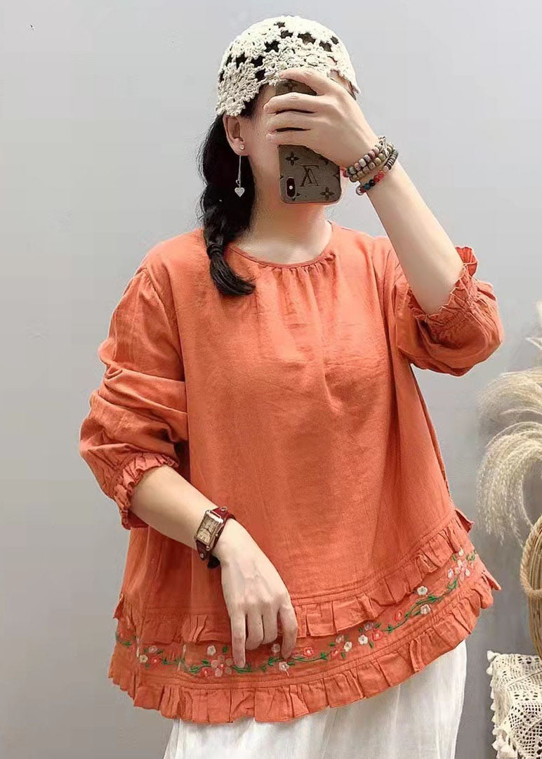 Art Orange Embroidered Ruffled Shirts Spring