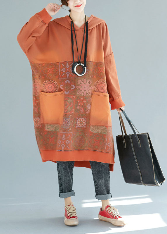 Art Orange Hooded Patchwork Cotton Dresses Spring
