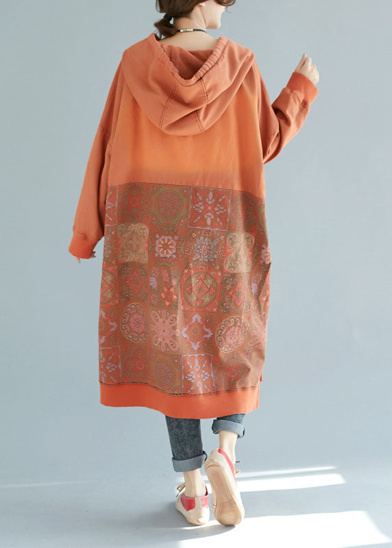 Art Orange Hooded Patchwork Cotton Dresses Spring