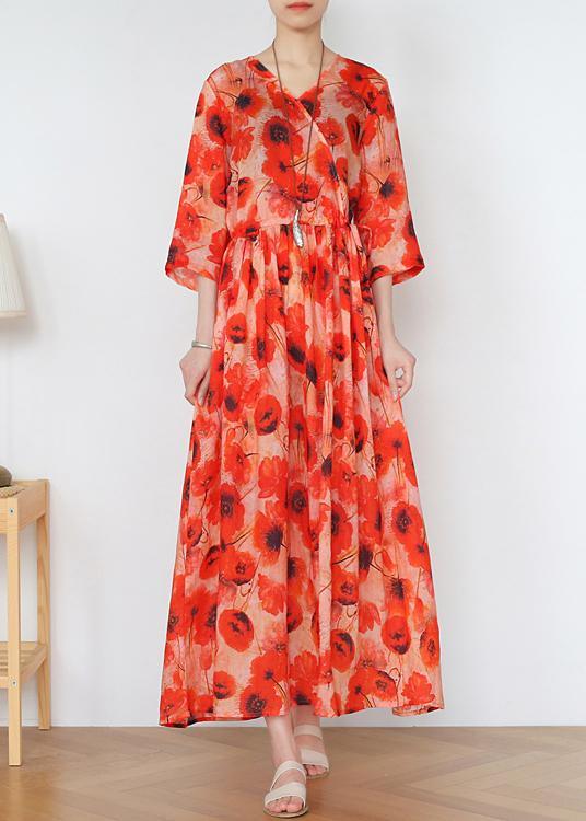 Art Orange Print A Line Long Summer Linen Dress - Omychic