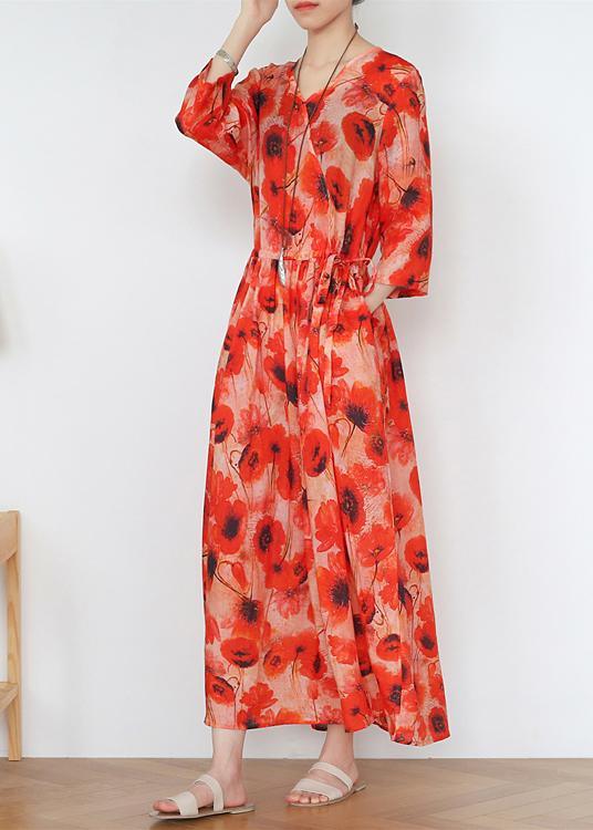 Art Orange Print A Line Long Summer Linen Dress - Omychic