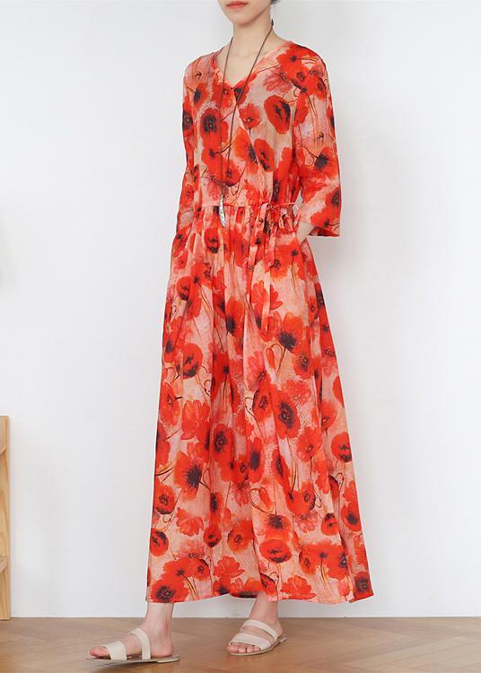 Art Orange Print A Line Long Summer Linen Dress - Omychic