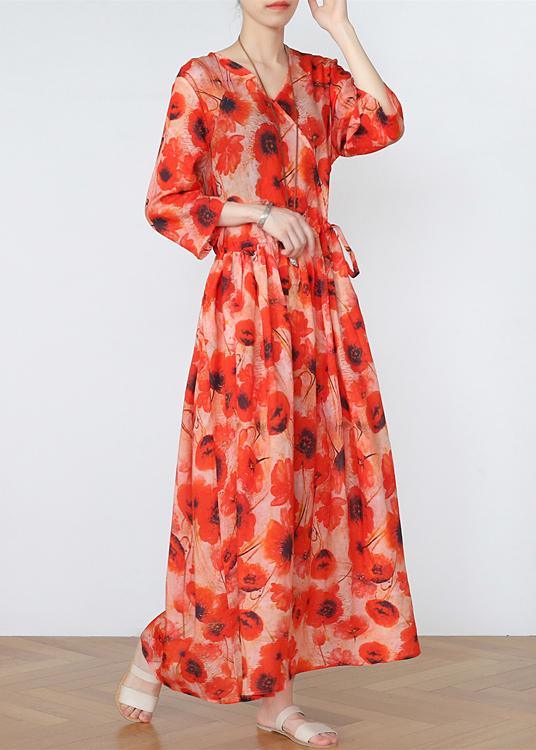 Art Orange Print A Line Long Summer Linen Dress - Omychic