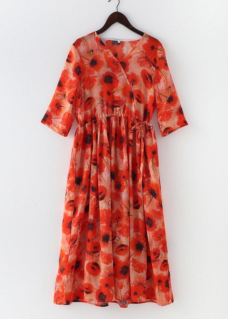 Art Orange Print A Line Long Summer Linen Dress - Omychic