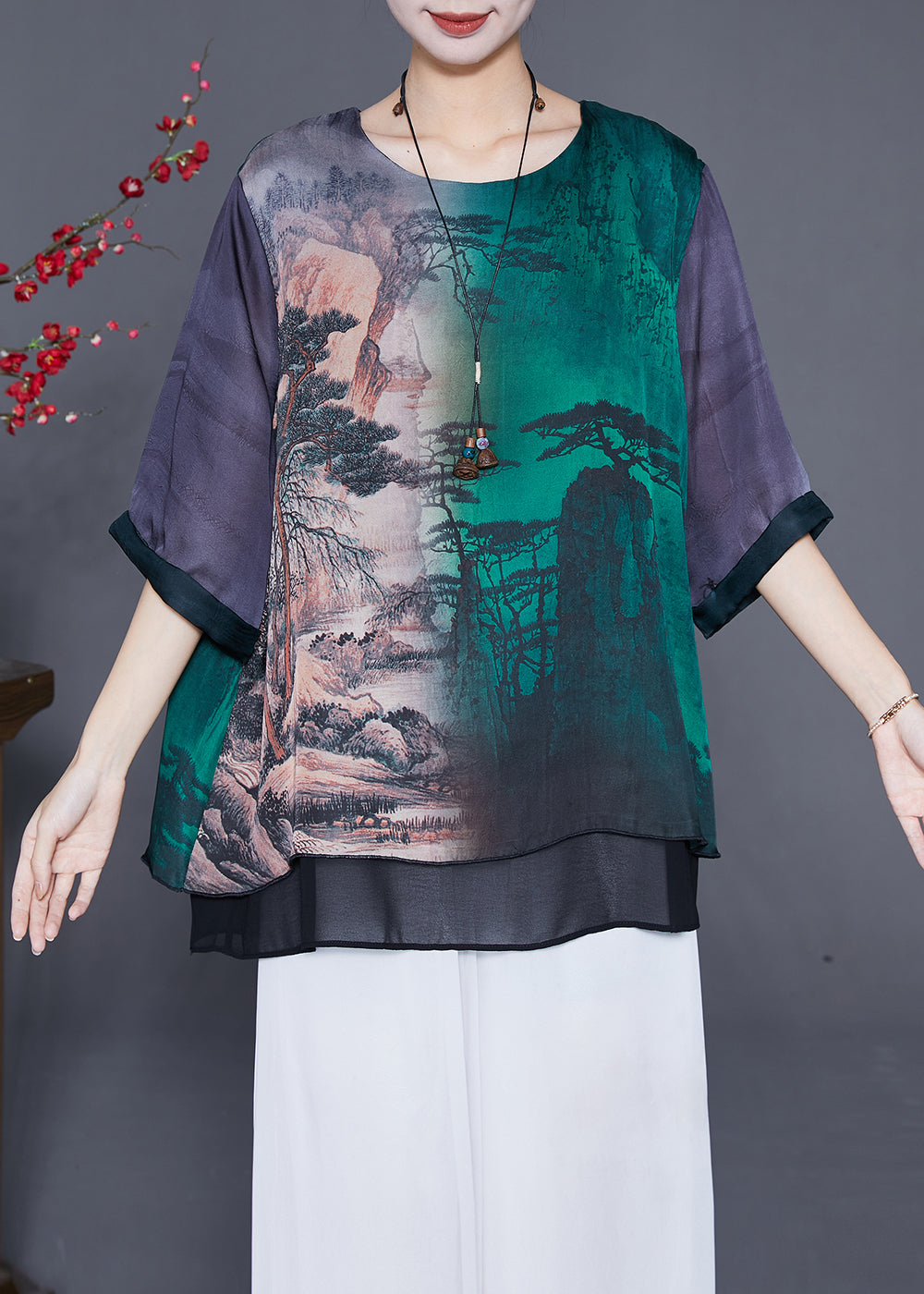 Art Oversized Patchwork Landscape Painting Silk Shirt Half Sleeve