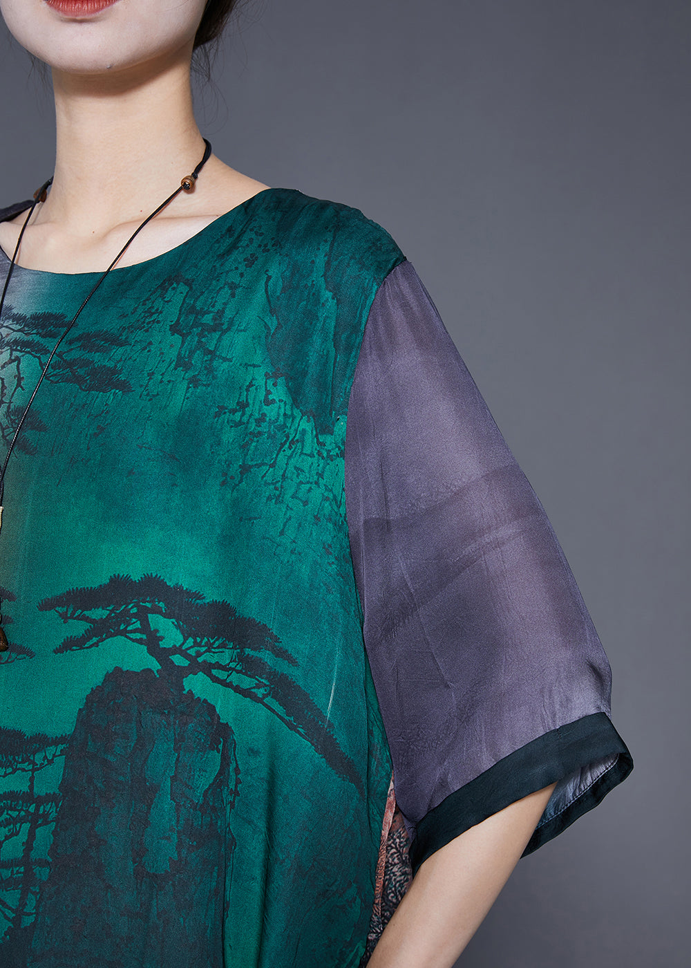 Art Oversized Patchwork Landscape Painting Silk Shirt Half Sleeve