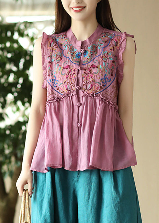 Art Pink Embroidered Floral Ramie Shirts Sleeveless