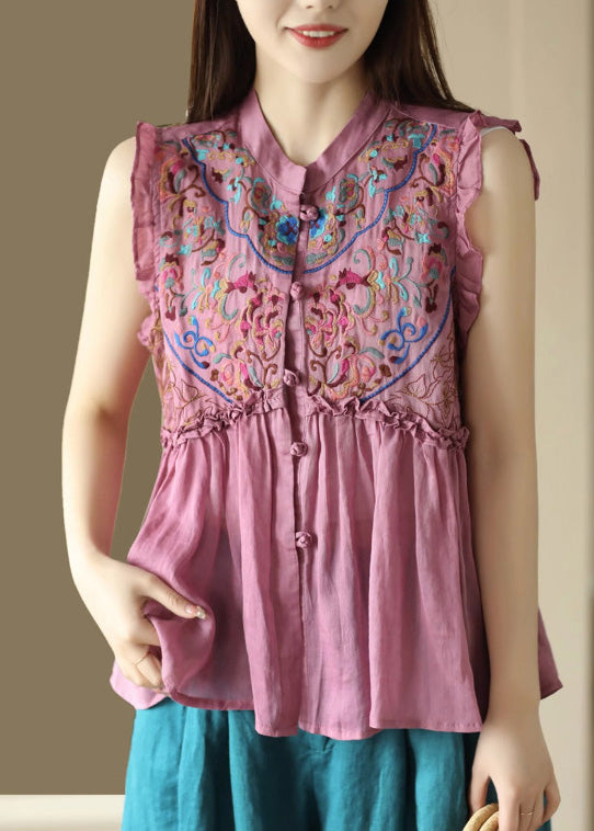 Art Pink Embroidered Floral Ramie Shirts Sleeveless